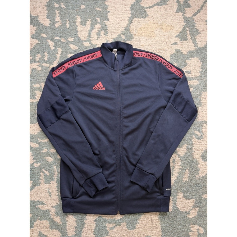 Adidas Track Jacket Mens Small Navy Pink Tape Logo Aeroready Full Zip Soccer